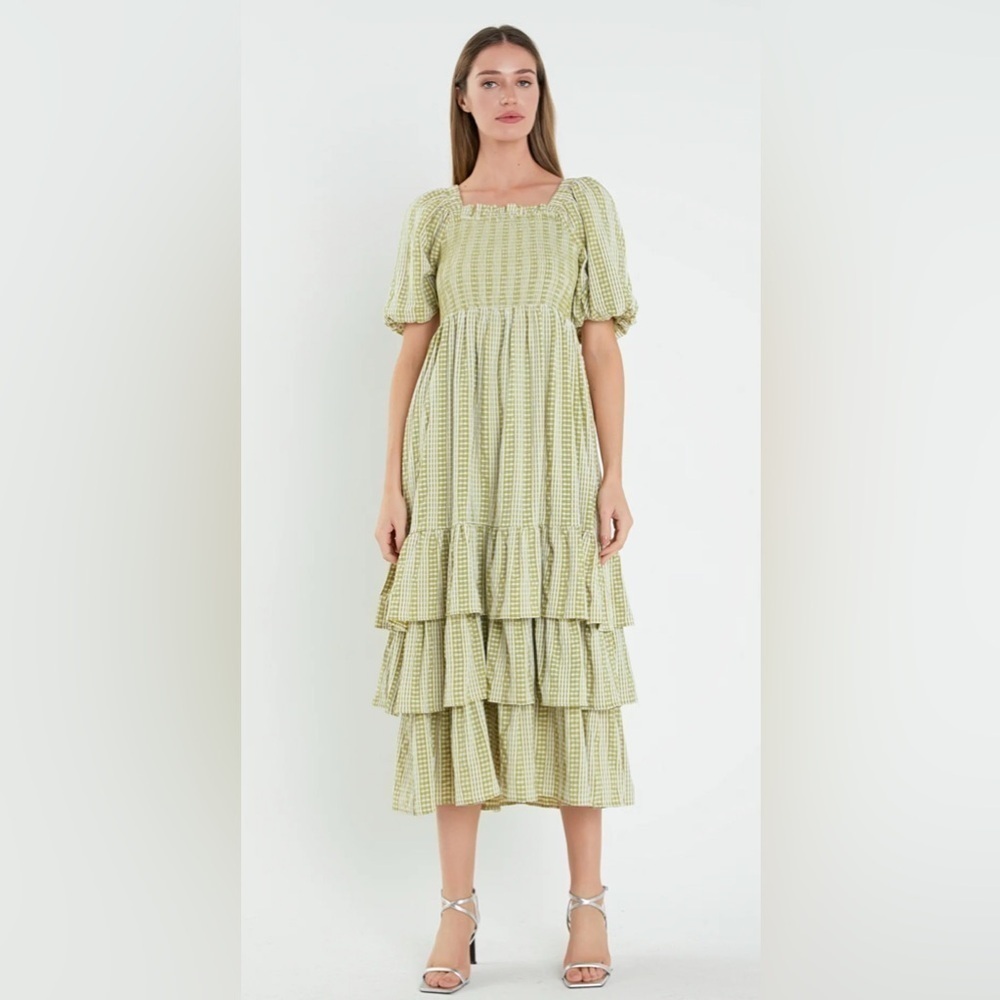 NWT English Factory Gingham Striped Multi Tiered Maxi Dress in Avocado Sz S